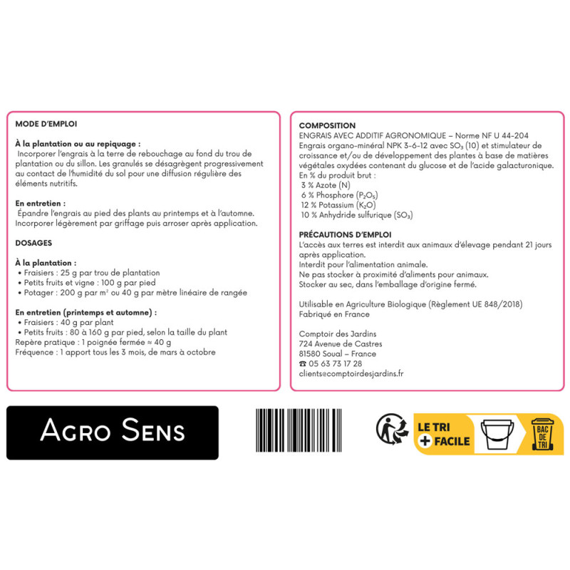 Engrais pour fraisiers, vigne et petits fruits - Agro Sens