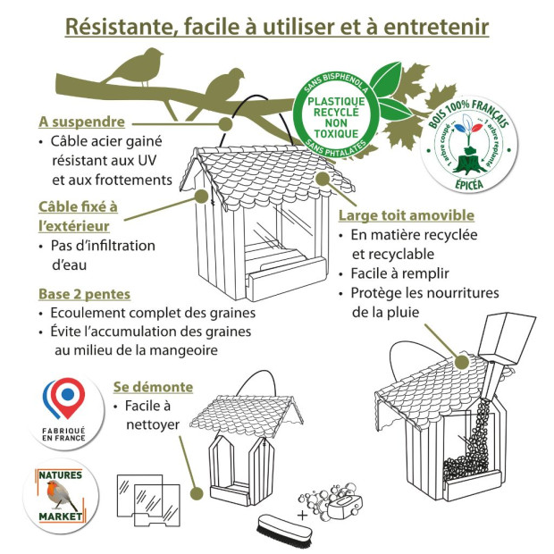Mangeoire La Piaf à Graines - Bois Français et Toit Recyclé | Comptoir des Jardins