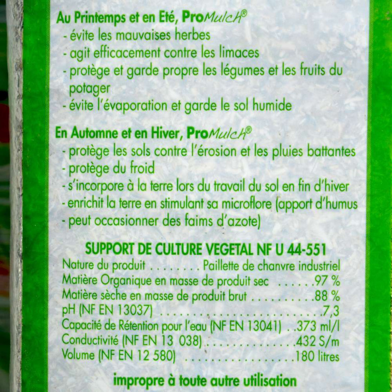 Paillis de chanvre biologique. Paillage spécial potager 180 litres