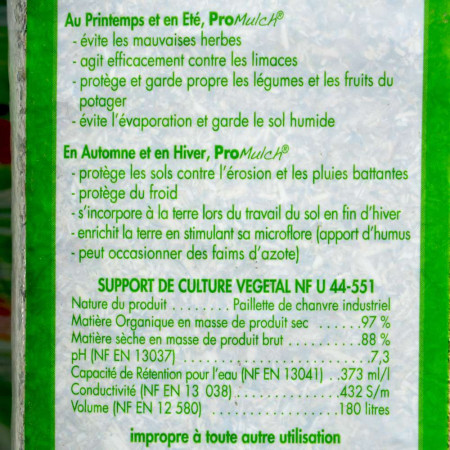 Paillis de chanvre biologique. Paillage spécial potager 180 litres
