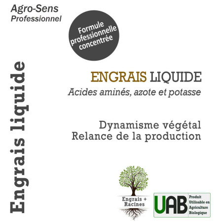 Engrais organique liquide. Acides aminés, azote et potasse.