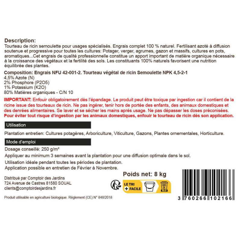 Engrais tourteau de ricin semoulette pour le jardin. Seau 8 kg