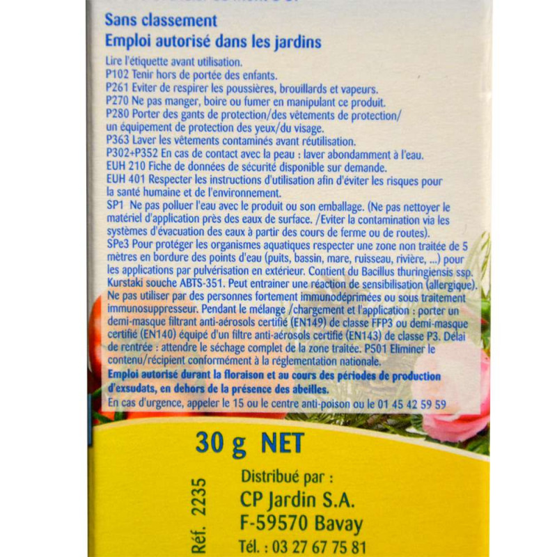 Insecticide au Bacillus Thuringiensis chenilles processionnaires UAB. Boîte 200 g