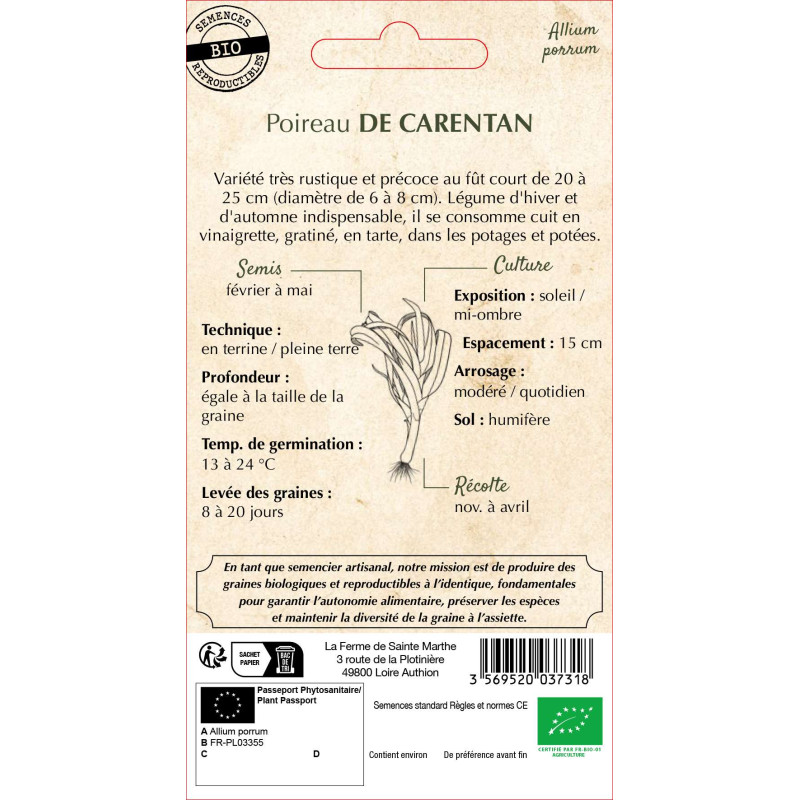 Graines bio de poireaux de Carentan