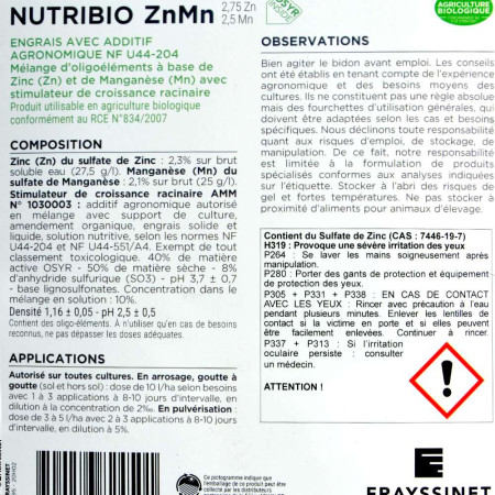Engrais liquide riche en zinc et manganese. Nutribio ZnMn - Frayssinet