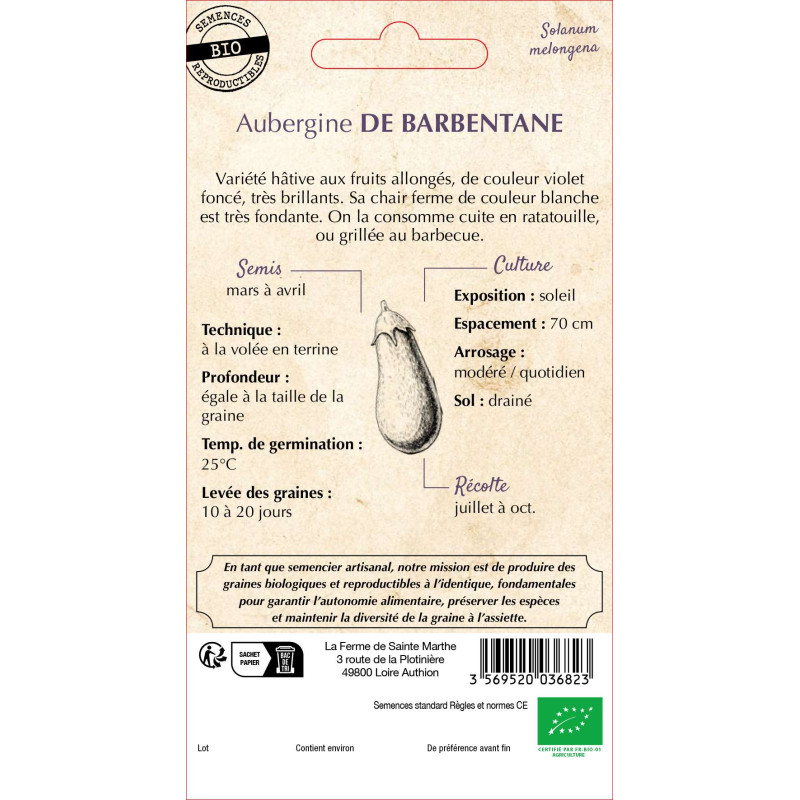 Graines d'aubergine de Barbentane bio de la Ferme Sainte Marthe.