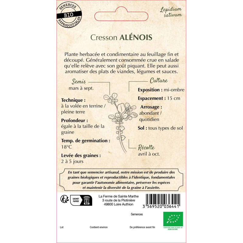 Graines de cresson Alénois bio de la Ferme Sainte Marthe.