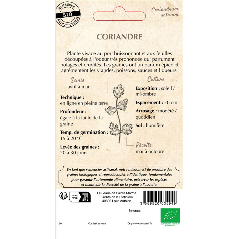 Graines de Coriandre bio de la Ferme Ste Marthe.
